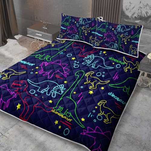MILANKET 3pcs Colorful Dinosaurs Print Quilt Set Full Size for Kids Dark Blue Bedspread Coverlet Lightweight Microfiber Bedding Set with 2 Pillow Shams