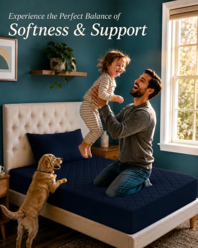 Image of Quilted Fitted Mattress Pad, Twin Mattress Protector Topper with Deep Pocket Stretches up to 16 Inches, Machine Washable Mattress Cover by Utopia Bedding (Navy)