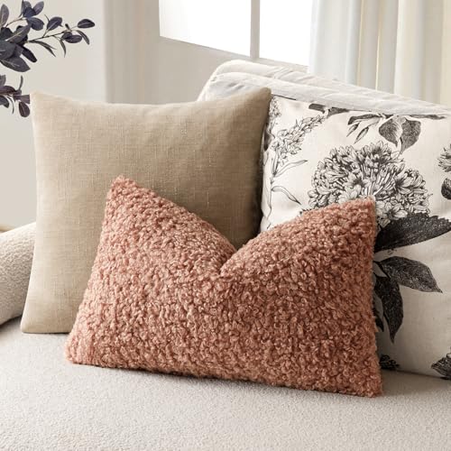 Image of Foindtower Set of 2 Curly Teddy Wool Pillow Covers Decorative Boucle Textured Lumbar Throw Pillow Faux Fur Sherpa Pillowcases Sheepskin Fuzzy Cushion Case for Sofa Bedroom Car 12 inchx20 inch Dusty Pink