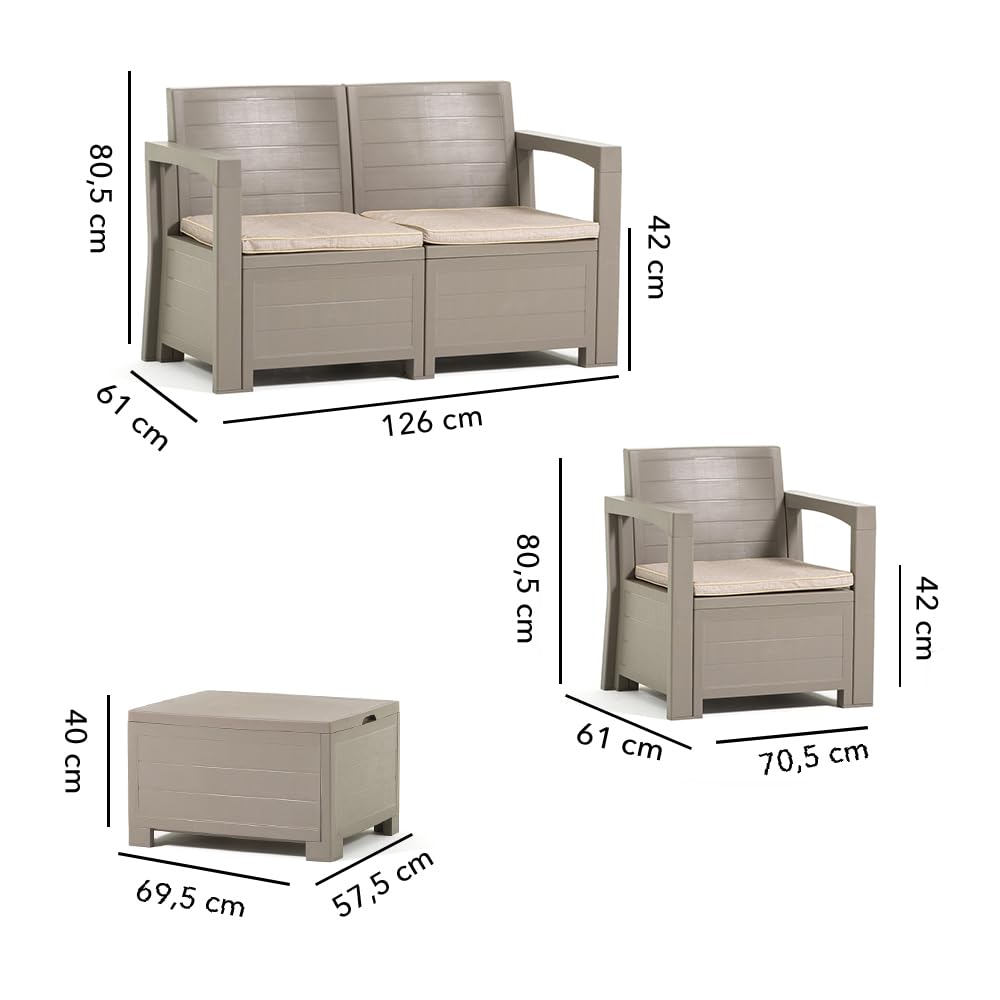 SIEDITI FUORI E DENTRO Set salottino da giardino, esterno 4 posti in resina polipropilene effetto legno con cusicni e tavolino contenitore Licata (Tortora)