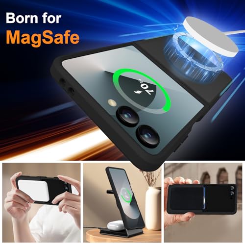 Image of ORETECH Magnetic for Samsung Galaxy Z Flip 7 Case, with [2 x Screen Protector] Translucent Back Non-Slip Hard PC Shockproof Bumper Protective Case for Samsung Z Flip 7 - Black