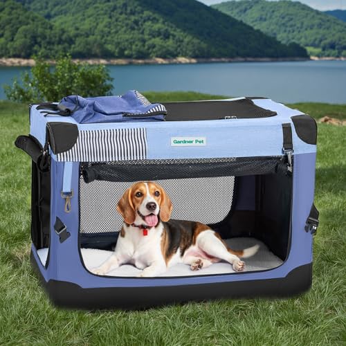 Gardner Pet 26 Inch Folding Soft Dog Crate -5 Mesh Windows Collapsible Dog Crate with 2 Storage Bags and Fleece Bed, Portable Pet Travel Kennel for Puppy/Small Dogs Indoor & Outdoor, Blue