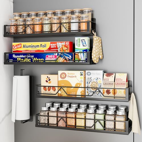 Mystozer 42 cm breites magnetisches Gewürzregal für Kühlschrank, großes Fassungsvermögen, 5 Stück, Metall-Kühlschrankregal, schwarz