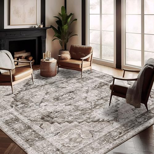 Washable Area Rug 9'x12' Deep Khaki Retro Flowers Boho Design Non-Shedding Easy Care Ideal for High Traffic Areas in Living Room Bedroom Office Coffee Table Kitchen Large Carpet