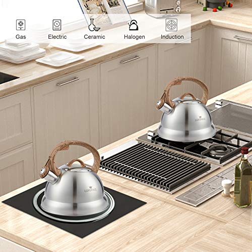 Stylish 2.3 Qt. Stainless Steel Whistling Tea Kettle Teapot with Wood Handle - Satin Finish