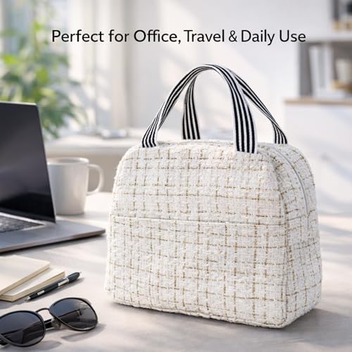 Image of The Earth Store Beige Check Insulated Lunch Bag for Office, Men, Women | Travel Tiffin Bag with Handle, Waterproof & Leakproof | Reusable Thermal Lunch Box Bags
