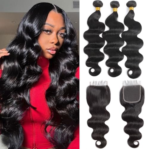 Trames de cheveux humains brésiliens ondulés avec fermeture en dentelle, noir naturel, lot de 3