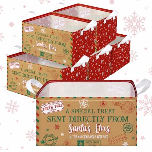 Maxcheck 6 Pcs Large Christmas Santa s Elves Storage Basket Foldable Christmas Gift Basket Rectangle Xmas Present Storage Boxes Bin Fabric Laundry Storage Organizer with Handles for Cloth Toy