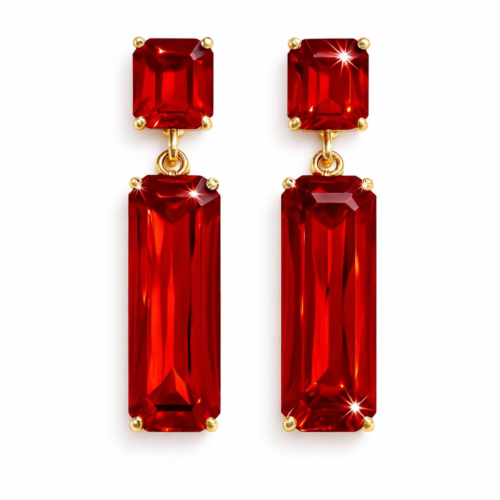 Meenaz Red Rectangular Crystal Long Korean Earrings set for Women Girls Ladies | Western Earing Big Drop | Moti Stylish Ear Rings Jewellery for woman | Valentine Gift for Girlfriend couple -375