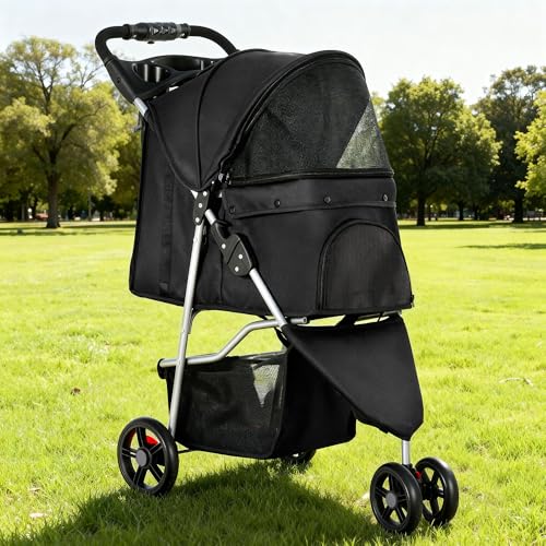 YITAHOME 15 kg Faltbarer Hundewagen, Katzenbuggy mit 3 Rädern, Netzfenstern, Getränkehalter und Bremsen, geeignet für Haustiere unter mittlerer Größe Schwarz