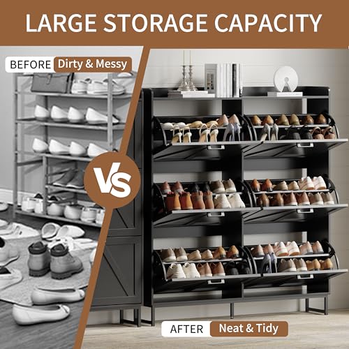 Image of Shoe Cabinet with 6 Flip Drawers, Freestanding Hidden Shoe Storage Organizer for Entryway, Narrow Slim Shoe Rack Cabinet with Open Storage & Hooks for Front Door Entrance, Living Room, Hallway, Black