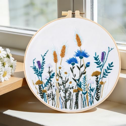 Image of Crafmanoe Flower Embroidery Kits for Beginners Adults, Hand DIY Embroidery Starter Kits, Floral Stamped Cross Stitch Kits for Beginners Adults Craft Kits for Women, Embroidery Hoops, Fabric and Thread