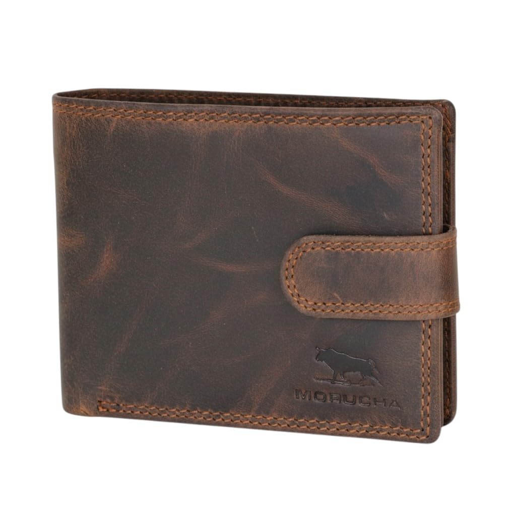 MORUCHA Wallets Men Anti-Theft RFID Blocking Genuine Distressed Hunter Leather Passcase Wallet Money Cards Coin Organiser Purse Gift for Men M80 Dark Brown