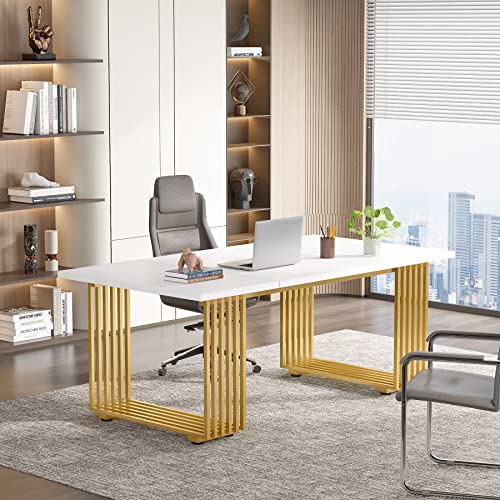 Tribesigns 70.9" Modern Office Desk, Wooden Computer Desk, White Executive Desk With Gold Metal Legs, Large Workstation For Home Office, Study Writing Desk, Small Conference Table For Meeting Room #TOP15