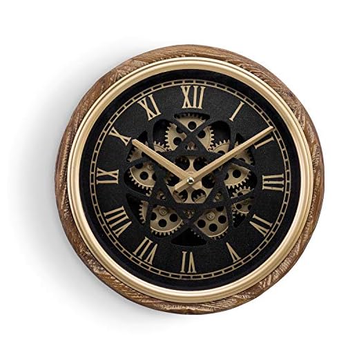 MyGift 12-inch Burnt Wood & Vintage Brass Non-Ticking Wall Clock with Matte Black Face and Exposed Mechanical Gears