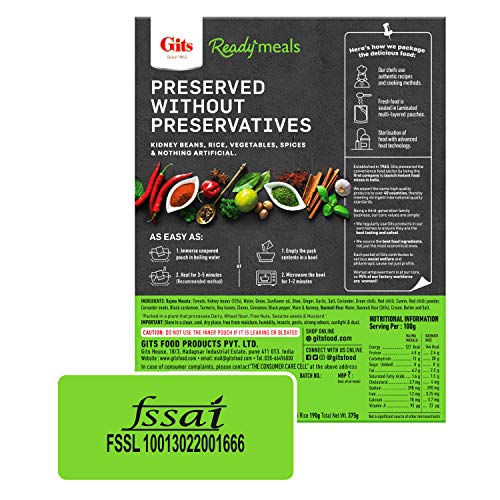 Image of Gits Ready to Eat Basmati Rice & Rajma Masala Combo Meal, Pure Veg, Heat and Eat, 375g (Pack of 2)