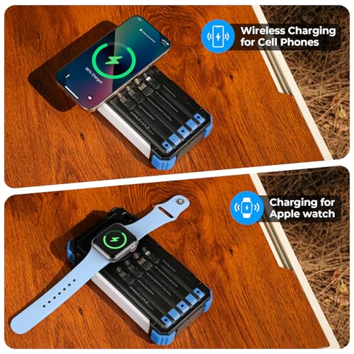 Image of BLAVOR Solar Power Bank 20000mAh Built-in Cables, Wireless Charger for Phones & Apple Watch, 20W Fast Charging Battery Pack with USB C, Flashlight, Solar Charger for iPhone, iPad, iWatch, Samsung
