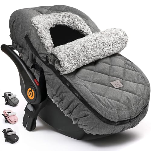 Image of ACRABROS Car Seat Cover Baby: Winter Infant Carseat Canopy for Boy Girl Newborn, Zipper Peeping Window, Warm Cozy Cold Weather Waterproof Fitted, Heather Grey