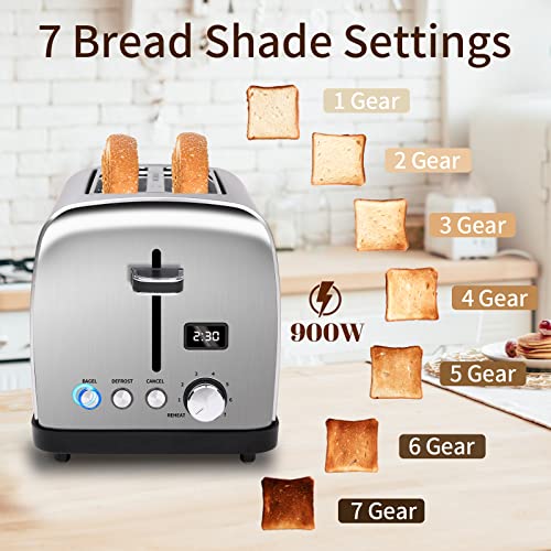 Seedeem Toaster 2 Slice, Stainless Steel Bread Toaster With Lcd Display, 7 Bread Shade Settings, 1.5'' Variable Extra Wide Slots Bagel Toaster With 4 Functions, Removable Crumb Tray, 900W, Silver Metallic … #TOP2