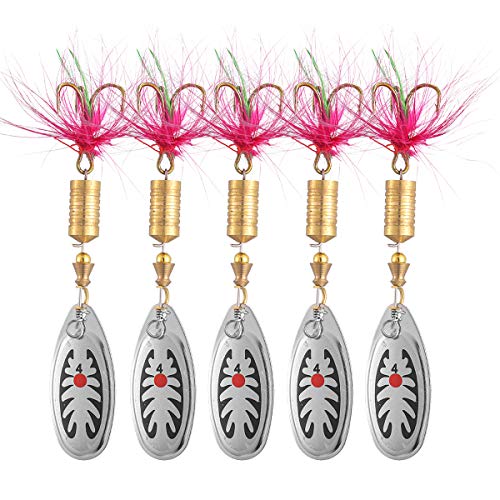 TUXIBIN Juego de 5 señuelos de pesca de metal para pesca con caja de cebo para trucha, lubina, salmón, lucio, perca TXB03S-5