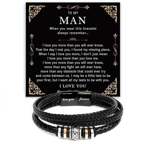 To My Man Bracelet From Girlfriend Wife With Heartfelt Message & Elegant Box, Braided Leather Stainless Steel Bracelets Lettering Love You Forever Gifts for Husband Boyfriend Brother.