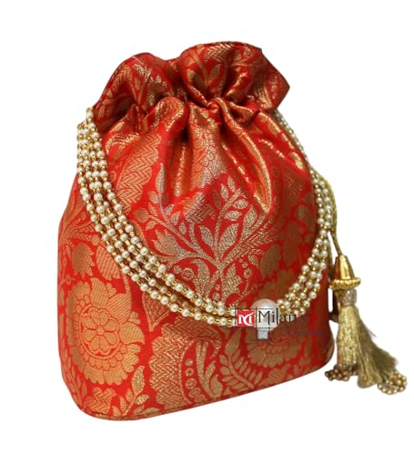 Image of MILAN'S CREATION Banarasi Silk Brocade Potli Bag Purse With Base Drawstring Women's handbag with Pearl Handle & Tassel Weddings