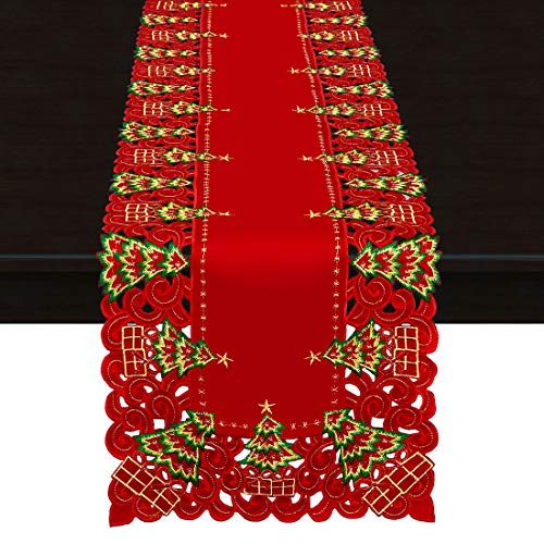 Grelucgo Embroidered Christmas Holiday Holly Tree Table Runner, Dresser Scarf, Rectangular 16 X 72 Inch #TOP4