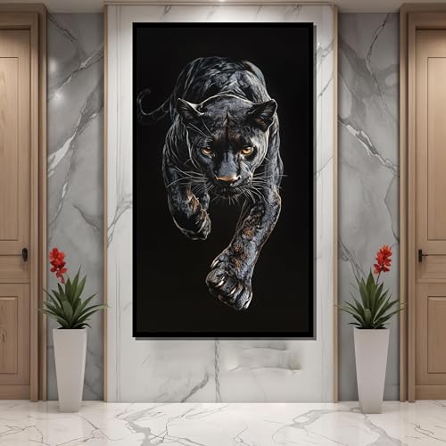 Panthère noire force et puissance tableau animalier art moderne 120cm