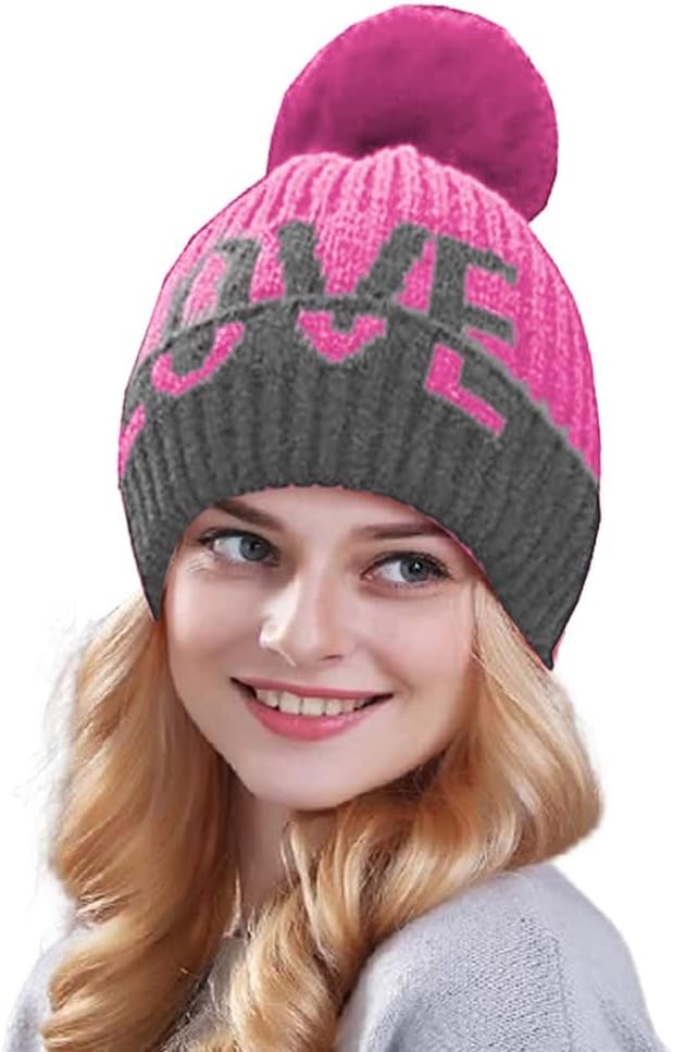 DevilWomen & Girl's Knitted Hat New Letter Love Crochet Winter Warm Velvet Lining Knit Female Cap Bonnet Skullies Beanies Hat (Pink & Grey)-(Pack of 01)