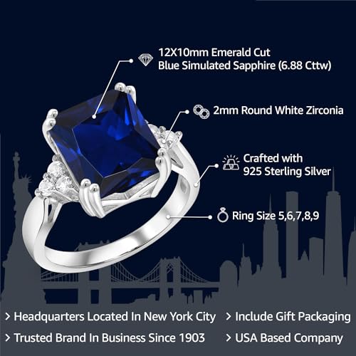 Gem Stone King 5-10 Cttw Gemstone Birthstone Engagement Ring for Women | 925 Sterling Silver | 12X10MM Emerald Cut | Wedding Anniversary Promise Ring | Available In Size 5, 6, 7, 8, 92