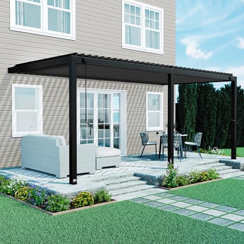 Image of Backyard Discovery Evanston 20'x10' Galvanized Steel Wall-Mounted Louvered Pergola Kit with Adjustable Roof, Shade, Rain Protection, High-Wind Rating, PowerPort, Gutter System for Outdoor Patio, Deck