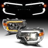 AmeriLite for 2012-2015 Toyota Tacoma Truck C-Type LED Tube Switchback Turn Signal Gun-Metal Headlights Assembly Pair - Passenger and Driver Side