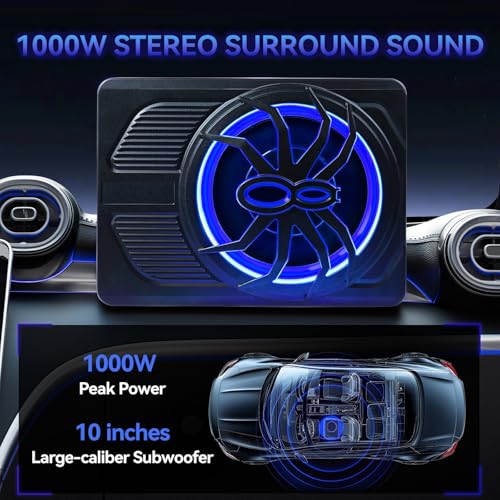1000W Car Subwoofer, 10'' Slim Under Seat Powered Car Subwoofer w/Built-in Amplifier & Hi/Lo Input, Bass Speaker Subwoofer with Blue LED Light, Individual Control, for Car/Truck/SUV/Jeep/MPV - Image 3