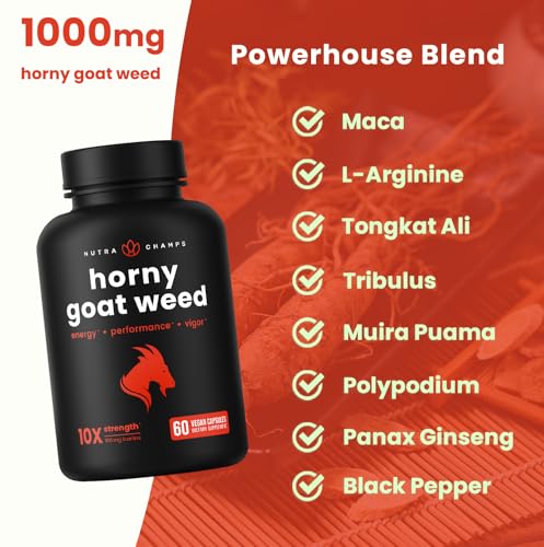 Image of NutraChamps Horny Goat Weed, 1000mg Epimedium Energy Supplement, 10X Strength Icariin, Ginseng, Tribulus & Maca Pills for Women & Men, Enhanced Absorption with Black Pepper, 60 Vegan Capsules