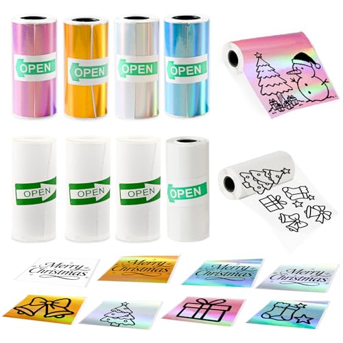 8 Pack Mini Printer Paper Roll - Holographic Pink/Blue/Silver/Gold + 3 White + 1 Clear - Self-Adhesive Thermal Sticker Paper For Photos, Crafts & Decor(57 x 25 Mm) by PJCYGGSP - Used condition - US$14.70