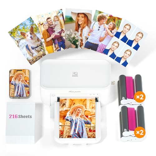 iDPRT Photo Printer 4×6, Portable Color Picture Printer, Thermal Sublimation Mini Picture Printer, Bundle 216 Sheets Photo Paper & 4 Ribbon Cassette, Photo Printer for iPhone, White