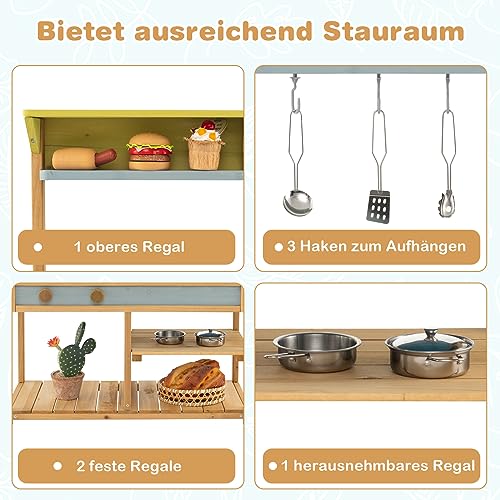Foto von COSTWAY Matschküche Kinder Outdoor, Kinderküche Holz mit Wasserfunktion, Spielküche mit Haken & abnehmbarem Regal, Gartenküche Outdoorküche für Kinder ab 3 Jahren