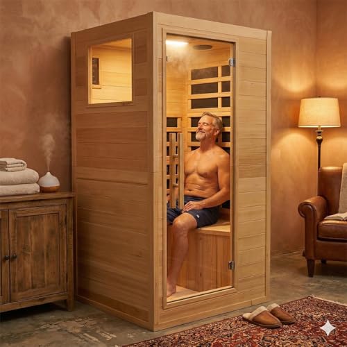 DWKWE 1 Person Low EMF Far Infrared Sauna, Natural Spruce Wood Compact Home Sauna, 1200W 110V, Bluetooth & Reading Light, 6mm Tempered Glass, Small Space Personal Sauna