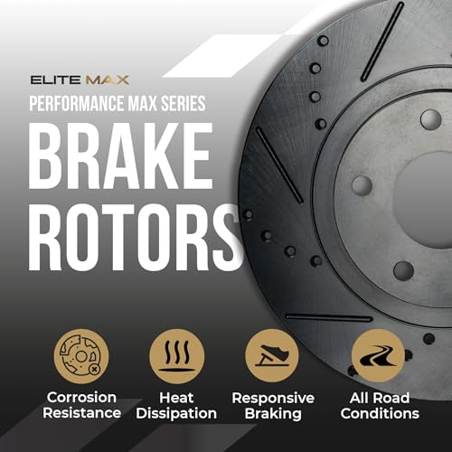 Image of Max Advanced Brakes Front & Rear Brake Kit Compatible With 2013-2015 Kia Optima w /2.0 L4 Engine Electric Parking Brake Replacement Drilled Slotted Black Coated Disc Brake Rotors and Ceramic Brake Pads