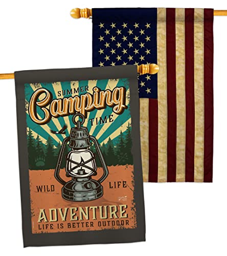 Summer Camping House Flags Pack Outdoor Adventure Rustic Camper RV Trailer Camp Site Campfire USA Vintage Applique Small Decorative Gift Yard Banner Double-Sided Made In 28 X 40