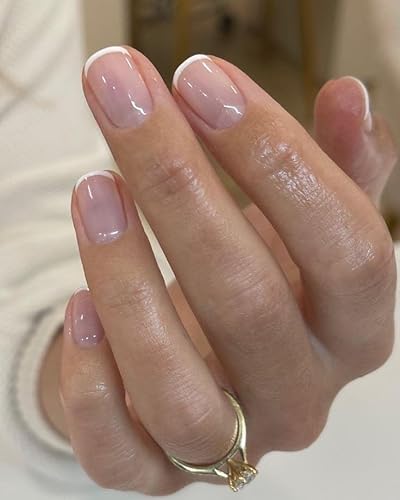 MouyouGlow Press on Nails Kurz,Squoval Nude Natürlich Weiß French Fake Nails mit Nagelkleber,White Tip Natural Acryl Künstliche Fingernägel