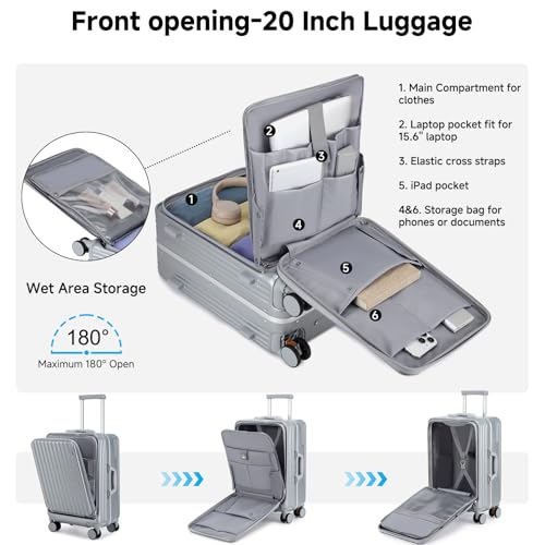 Sea choice 2 Piece Luggage Set 20/28 Front Opening Luggage PC Hard Shell Suitcase Top Opening Luggage Suitcase with USB Port Cupholder TSA Lock 4 Wheels