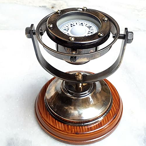 Brújula Náutica Antigua con Base de Madera y Soporte Giratorio miniatura 3