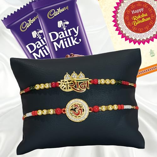 Image of Canton Rakhi Combo Gift Hamper Pack of 2 Rakhii For Brother With Chocolate, Rakhii With Cadbury Dairy Milk, Greeting Card & Roli Tilak (Design-13, 2 Rakhi With Cadbury)