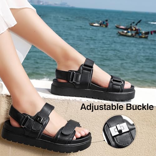 Image of Women's Platform Sandals Slip on Comfort Adjustable Double Strap Sandal for Women Leather Footbed