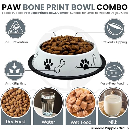 Image of Foodie Puppies Stainless Steel Dog Bowl Combo - (Medium, 700ml) Food and Water Feeding Gift Bowl | Suitable for Dogs, Cats and Other Pets I Paw Bone Print, Anti-Skid Rubber Base (White + Orange)