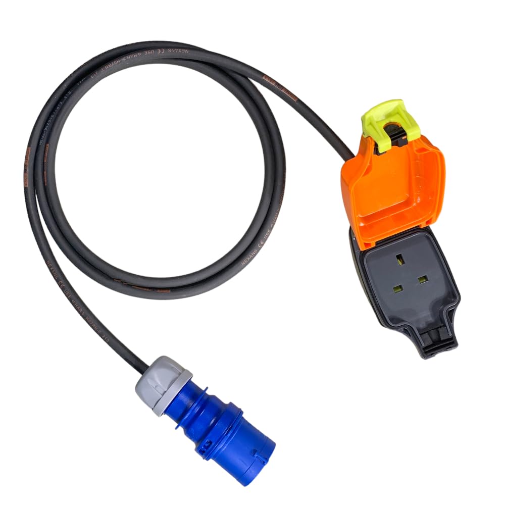 16A Plug To 13A 1Gang Weatherproof IP54 Socket Adaptor 1 Metre | Heavy Duty Outdoor 16A-13A 230V HO7 Rubber Cable Adaptor