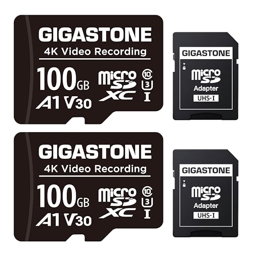 GIGASTONE Tarjeta Micro SD 100GB (Paquete de 2), A1 V30, Grabación de Video 4K, Compatible con Cámara de Seguridad, Dash CAM y Dron, MicroSDXC UHS I hasta 100MB/s, con Adaptador