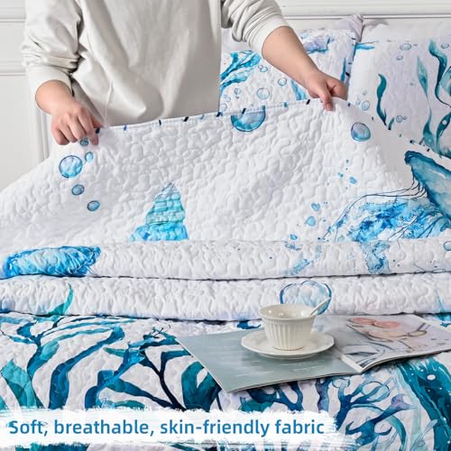 Invoibler Coastal Quilt Queen Size Beach Quilt Bedding Set 3 Piece Reversible Summer Ocean Bedspread Coverlet Soft Lightweight Microfiber Bed Cover for All Season (1 Quilt, 2 Pillow Shams) - Image 6