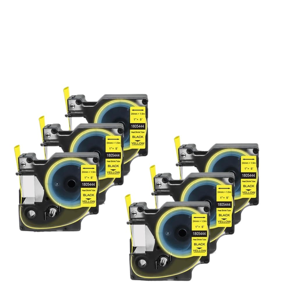 6 Stück 24-mm-Etiketten, kompatibel mit Druckerzubehör, Etikettendrucker-Modellen, Ersatz 1805444 und 1805443, funktioniert mit Schrumpfschlauch(Black on Yellow)